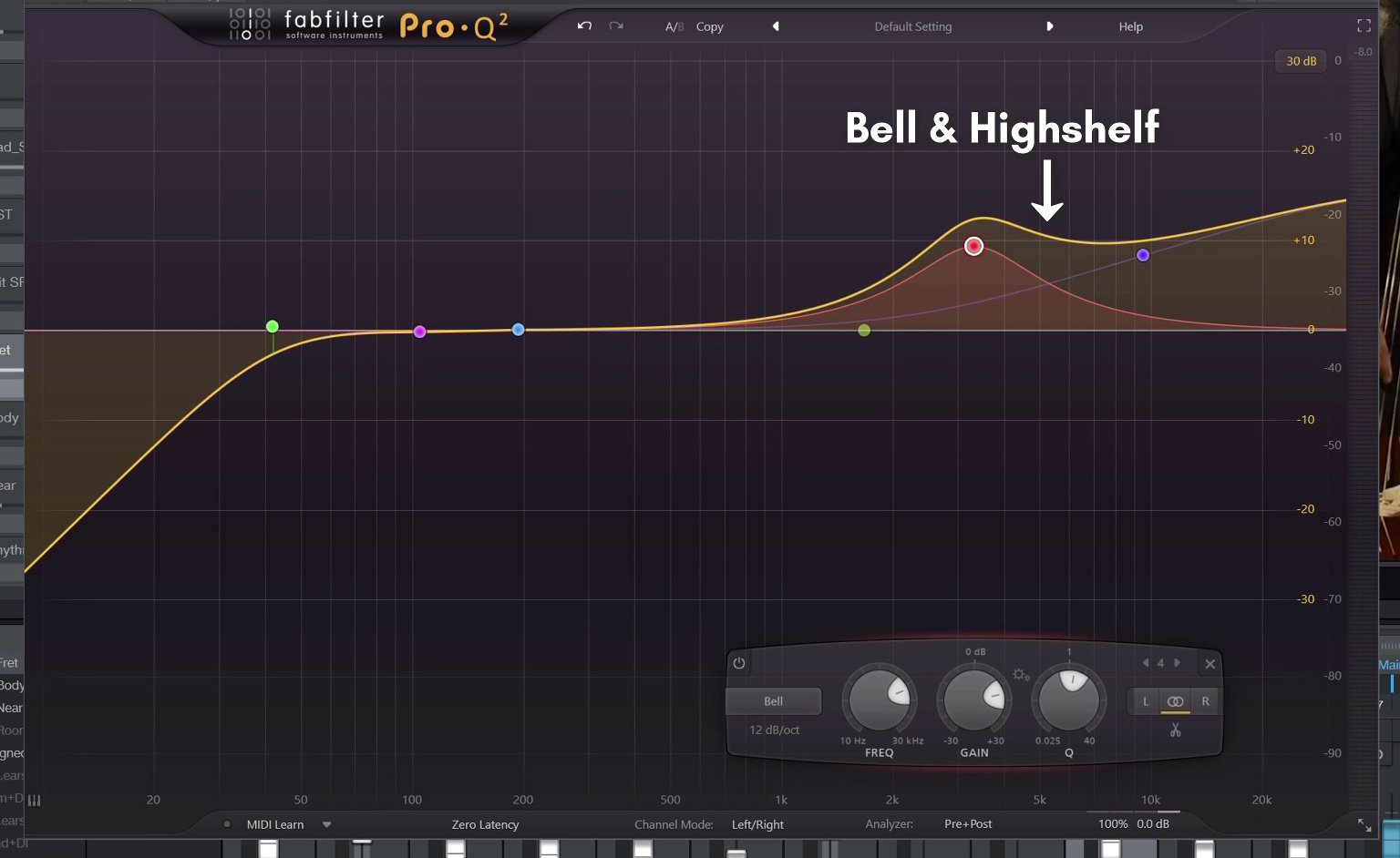 Screenshot of the Fabfilter ProQ VST Plugin applying a bell and highshelf EQ to a double bass recording