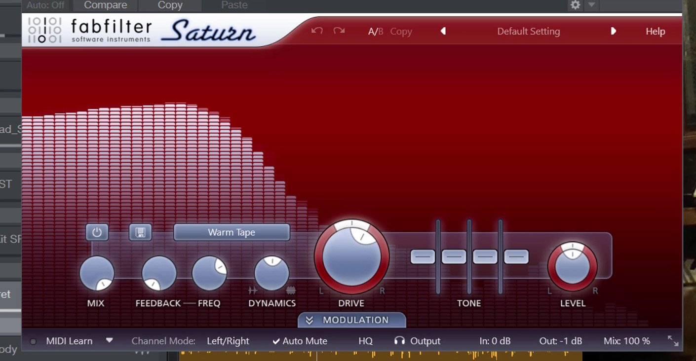Screenshot of the Fabfilter Saturn VST Plugin processing a double bass recording