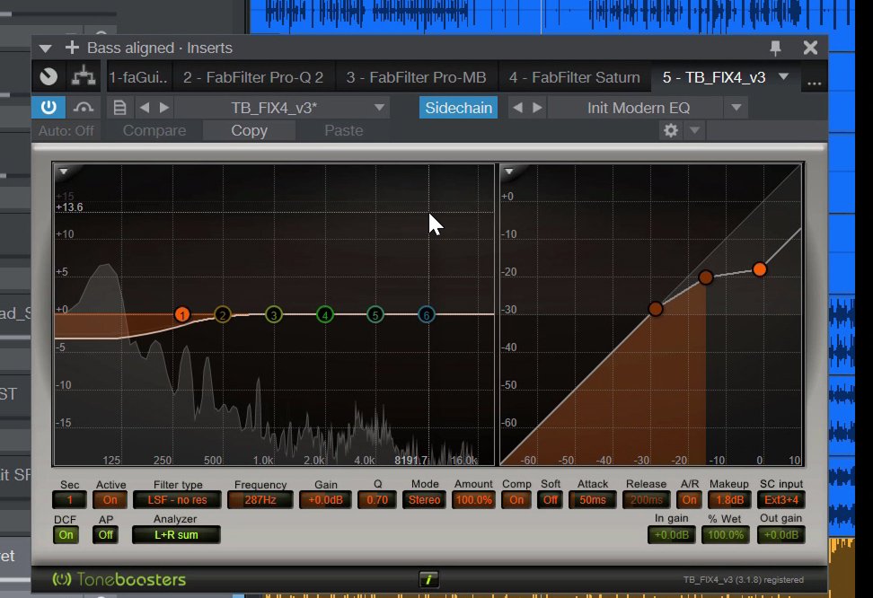 Screenshot of the Toneboosters Flux 4 VST Plugin used for side-chain compression on a double bass