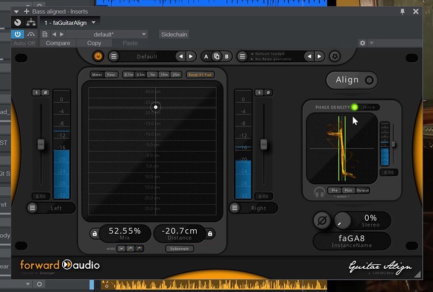 Screenshot of the faGuitarAlign VST Automatic Phase Alignment Plugin processing double bass mic tracks