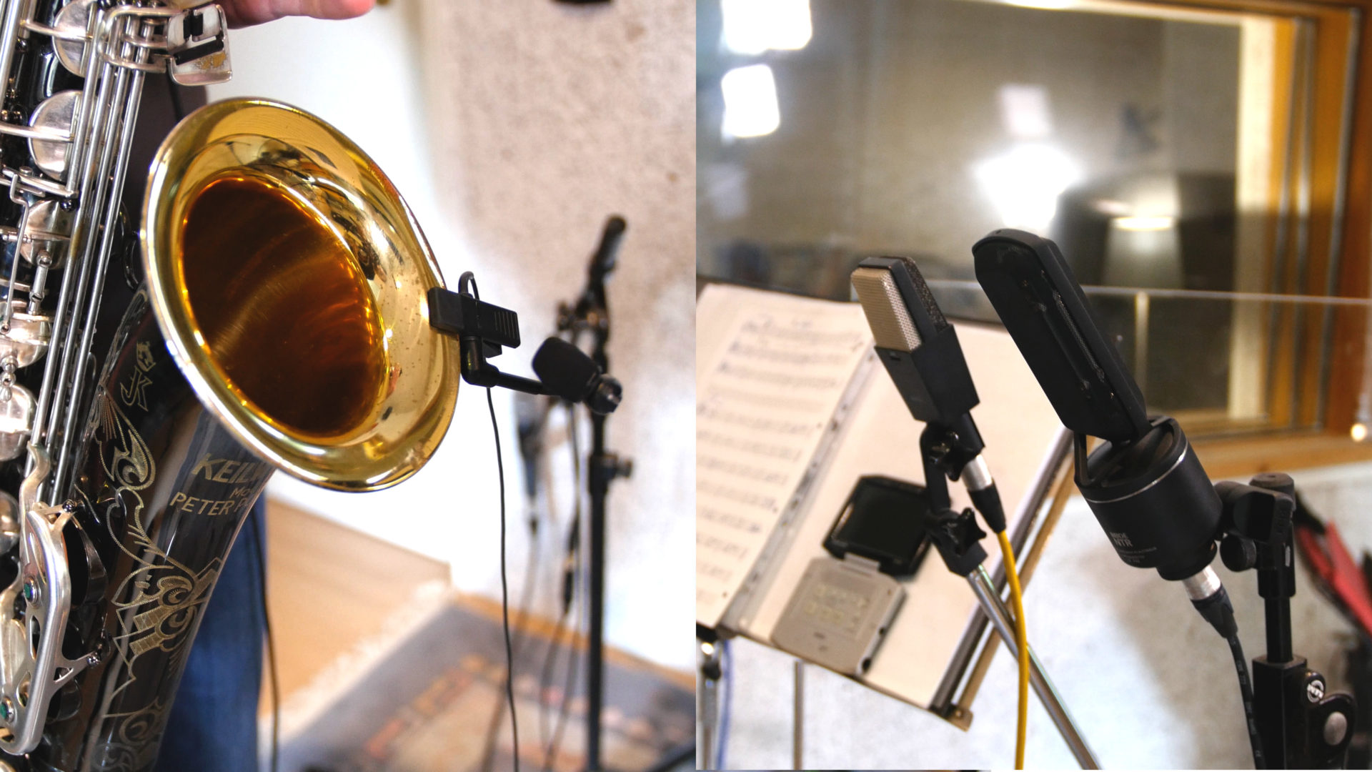 A saxophone recorded with 3 different mics. A clip mic, an AKG C414 and a RØDE NTR